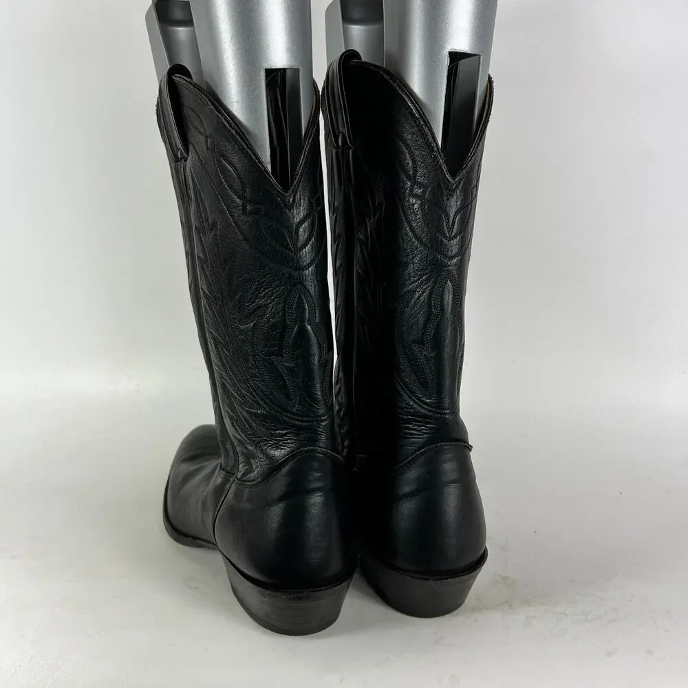 Nocona Cowboy Boots Men's 8 Black Leather Embroidery Stitch Mid-Calf Western